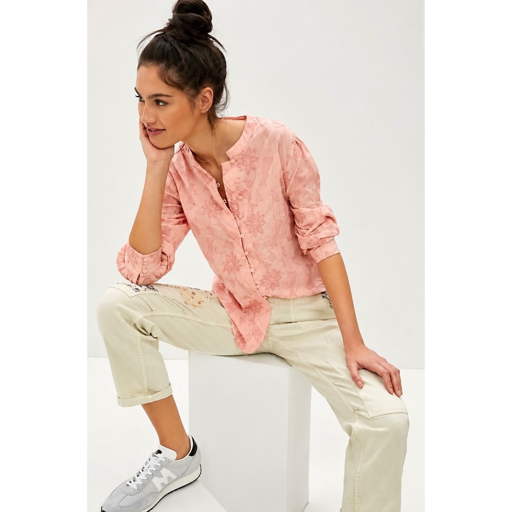 Anthropologie LetMeBe Embroidered Floral Blouse Pink Cotton Small Long Sleeve